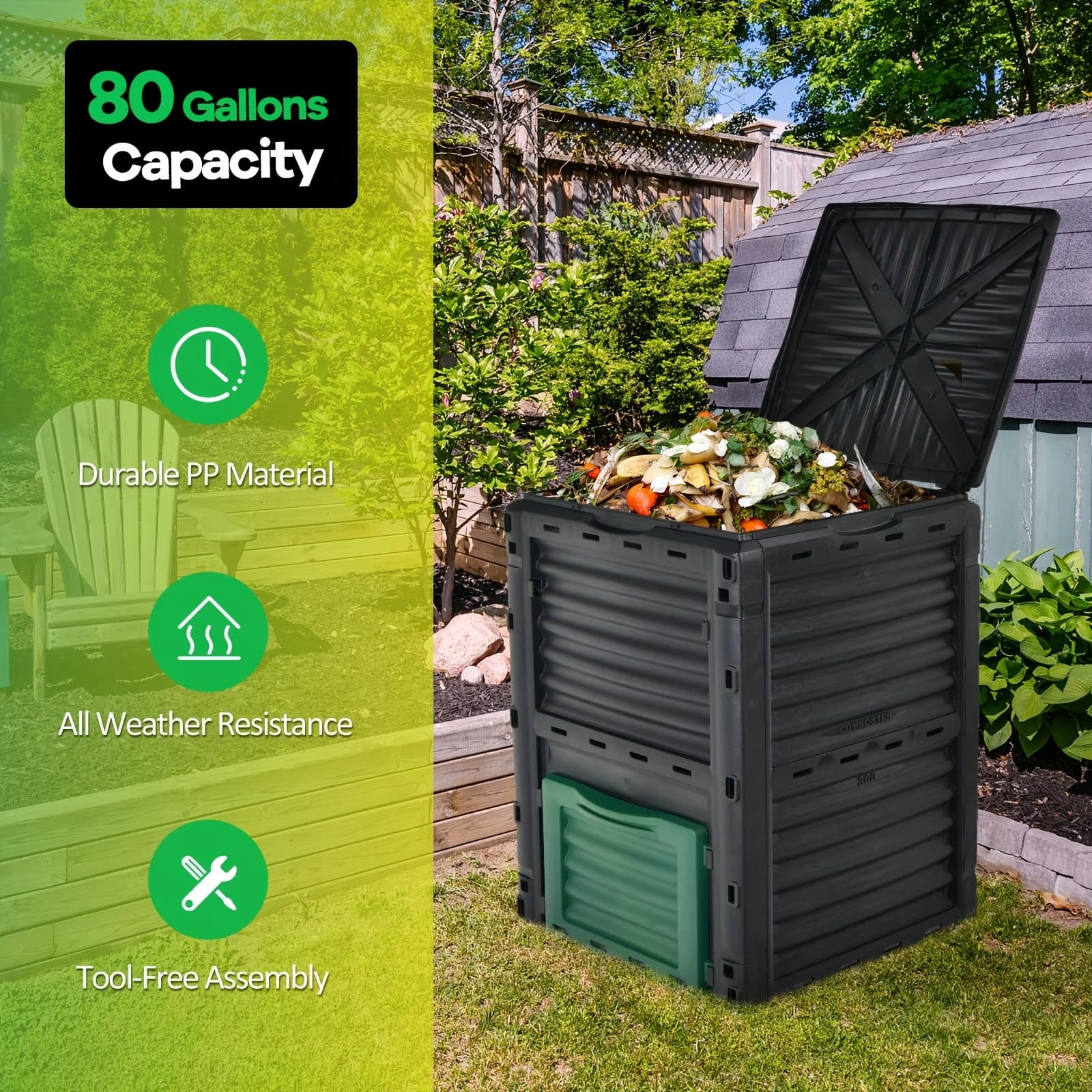Contenitore per Compost da 80 Galloni, Bidone per Rifiuti da Giardino, Barile per Erba e Scarti Alimentari, Fertilizzante