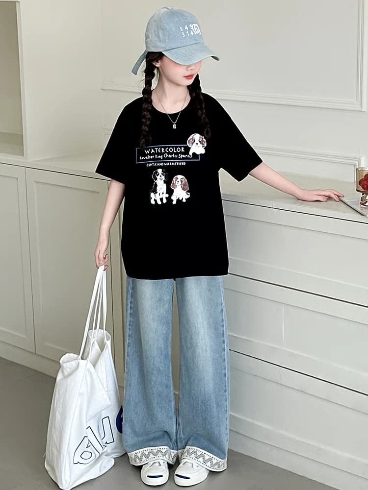 Girls Casual Summer Outfit ort Sve T-irt And Jeans Two-Piece Set Korean Sle Faionable Cotton Clothes for Teens