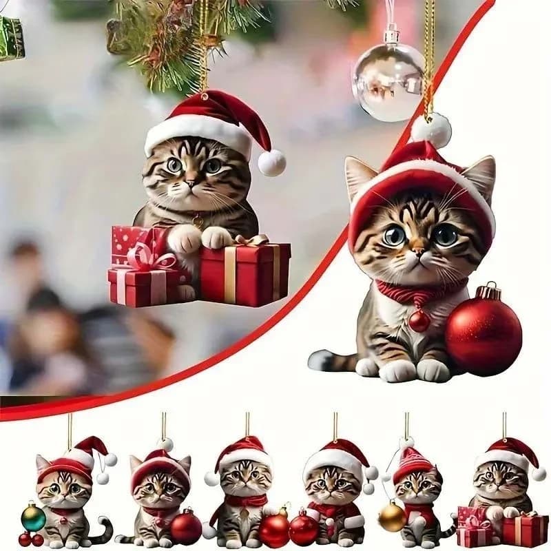 1-5PCS New Creative Double Sided Cat Christmas Ornament Hanging Decoration for Car Mirror Backpack Tree Holiday Party Supplies