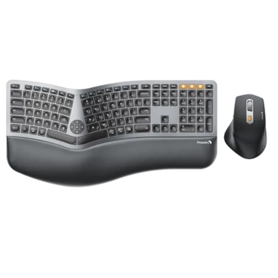 Tastiera Ergonomica e Mouse EKM01 Plus Combo Wireless Bluetooth Ergonomico a Grandezza Naturale per Ufficio in Plastica ABS Nera con Poggiapolsi Imbottito