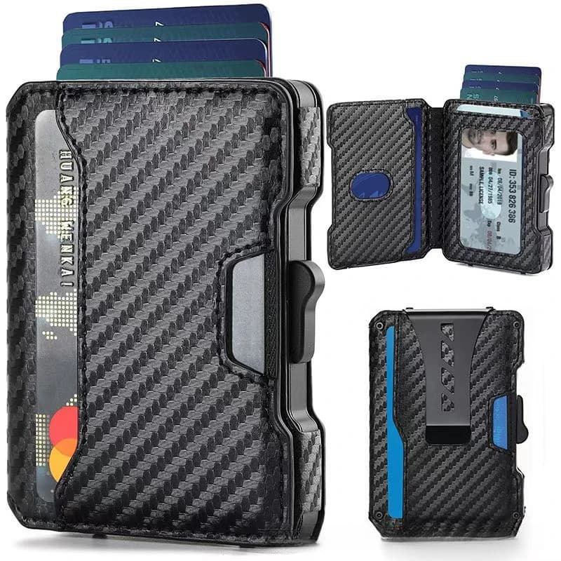 Portacarte a scomparsa in alluminio e porta carte di credito in pelle con blocco RFID per uomo e donna