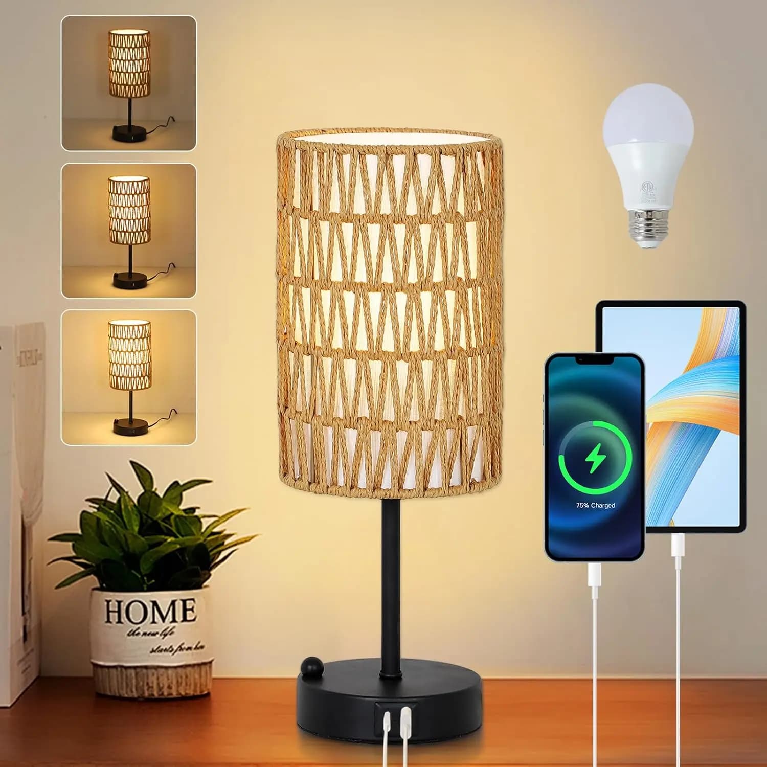 Lampada da Tavolo Touch con Ricarica USB, Lampada da Scrivania Boho Dimmerabile a 3 Livelli per Camera da Letto