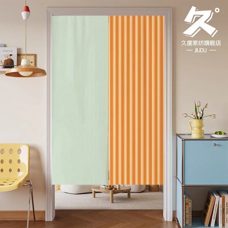 VIKAMA Blue Orange Vertical Stripe Noren Curtain Velcro Punch Free Entry Kitchen Fresh Fabric Partition Hanging Curtain