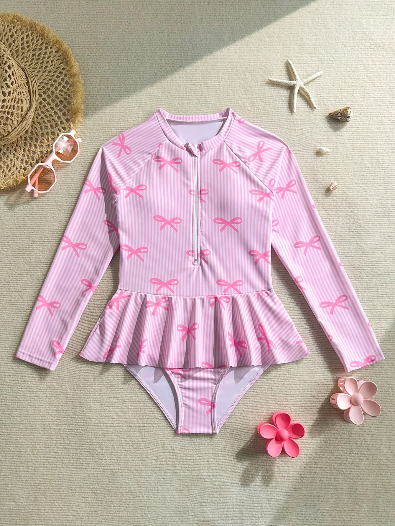 Costume da bagno a righe rosa per ragazze, costume intero rosa a maniche lunghe con fiocco e gonna, adatto per bambini di 4-8 anni, abbigliamento casual per vacanze al mare e in spiaggia