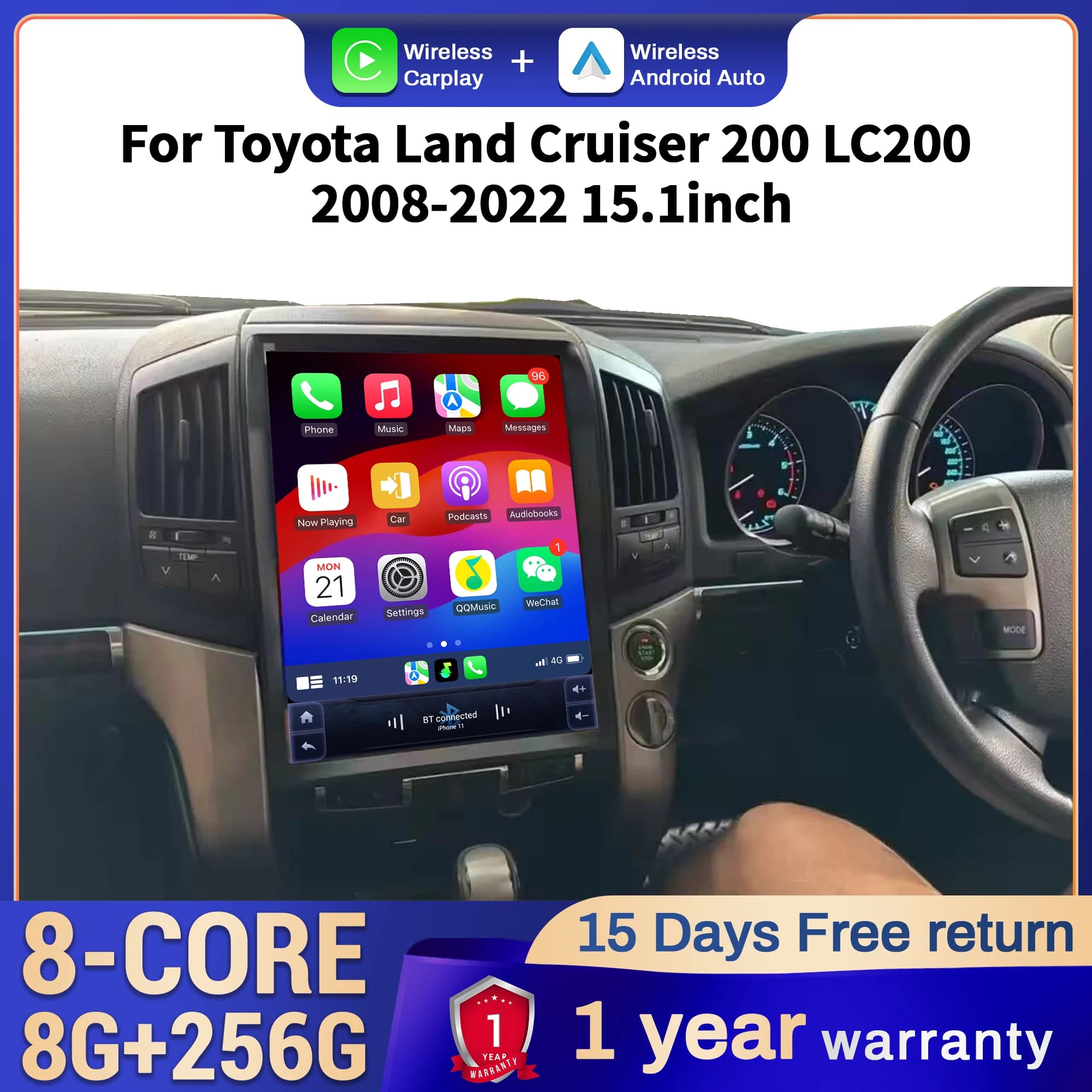 Autoradio da 15.1 pollici per Toyota Land Cruiser 200 LC200 2008-2022 Android 14 4G Unità principale Wireless Bluetooth CarPlay Touch Screen