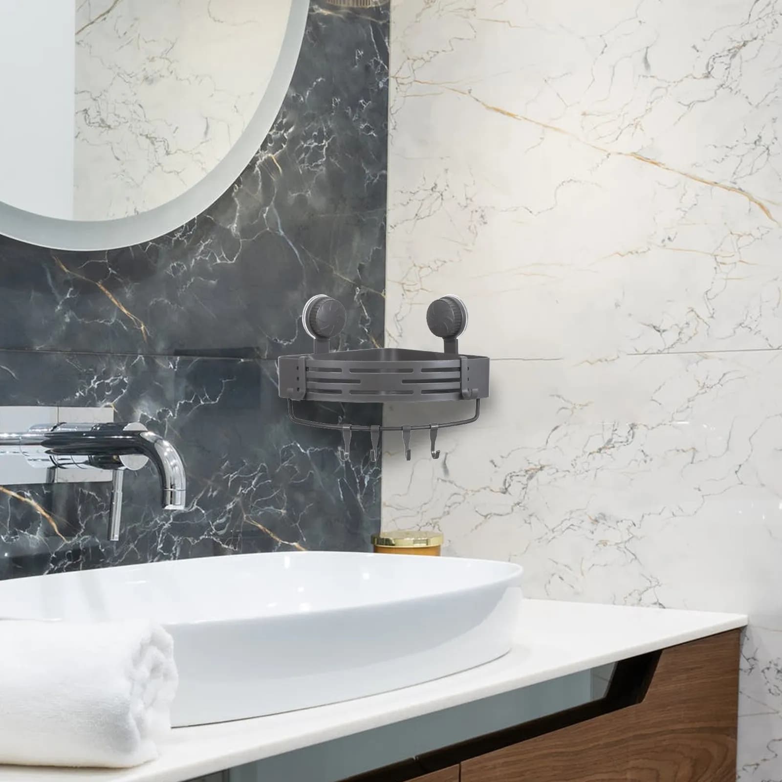 2 Pezzi Mensola Angolare per Bagno con Ventosa, Cesto Organizzatore Doccia Multifunzionale con Ganci, per Stoccaggio Bagno