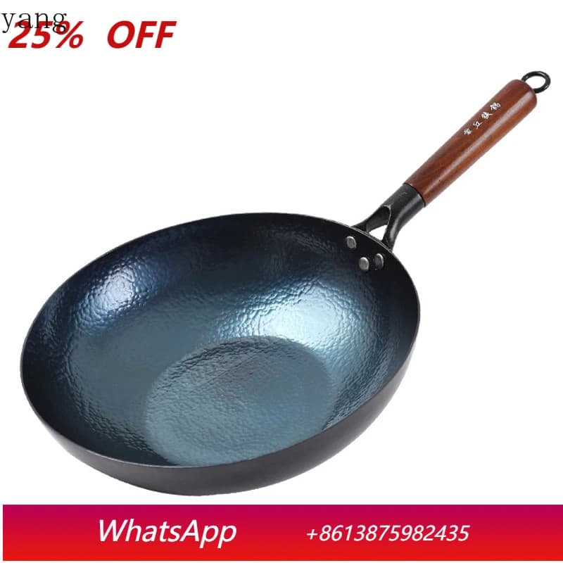 Padella Wok in Ferro da 30 cm, Wok Tradizionale Cinese in Ferro Martellato con Manico in Legno, Spessore 2 mm, Utensile da Cucina Non Rivestito, Padella per Friggere