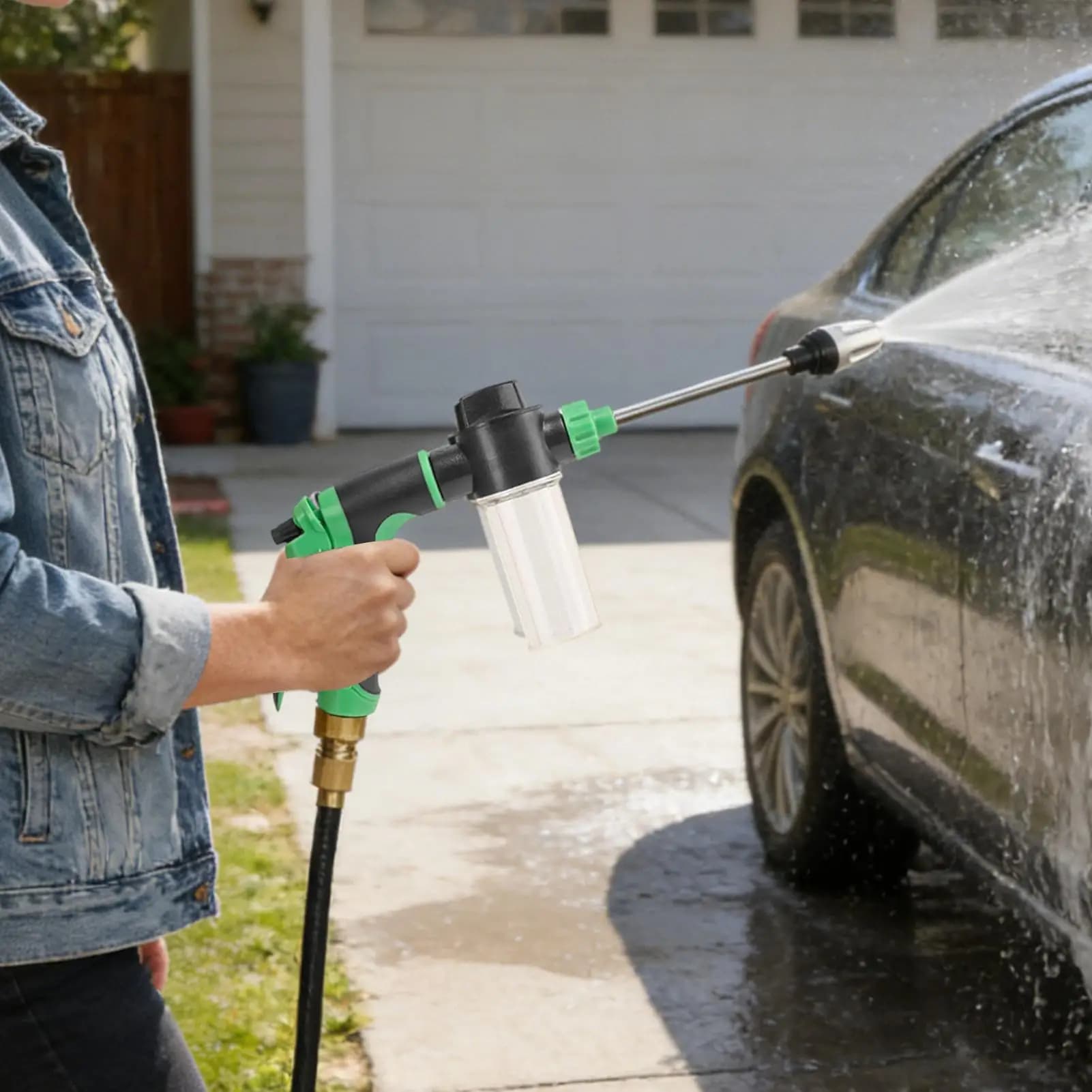 High pressure sprayer with hose, rotating and portable, for cleaning the car, garden irrigation, car washing and pet washing.