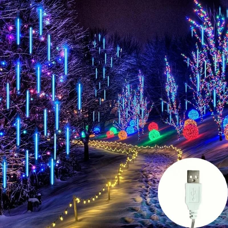 Luci a pioggia a LED per pioggia di meteoriti 30/50CM Alimentate tramite USB Goccia di pioggia che cadono Luce da fata per decorazioni natalizie per feste, patio, giardino