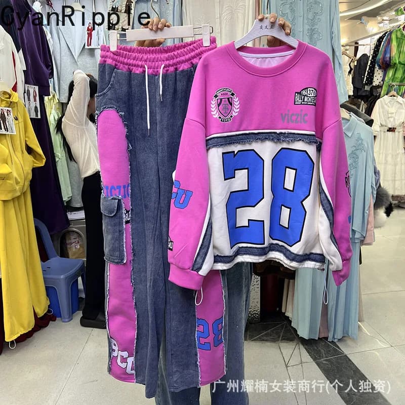 American High Street Women Hoodie Set Digital Print Round Neck Oversize Pullover Top + Elastic Waist Denim Splicing Casual Pants