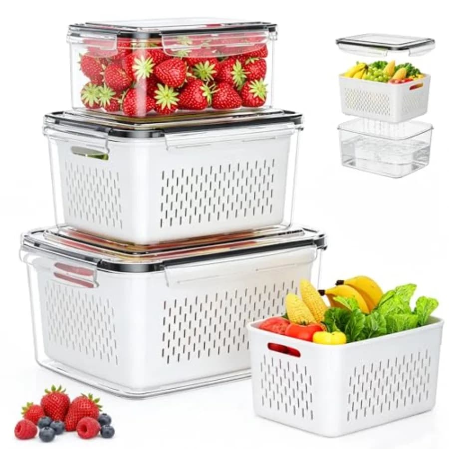 Fruit Storage Containers for Fridge - 3 Pack Produce Storage Containers with Removable Colander, Leakproof Food Organization Ke