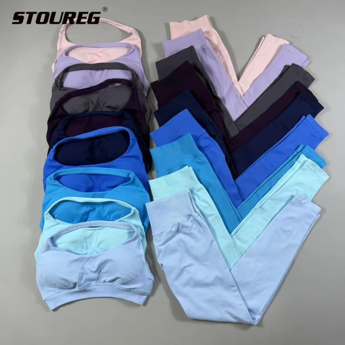 STOUREG Open yoga bras on the back Seamless pants set 2 pieces Sculpt Sports leggings Gym Halter Crop Top Hip Lift Push Up Training tights