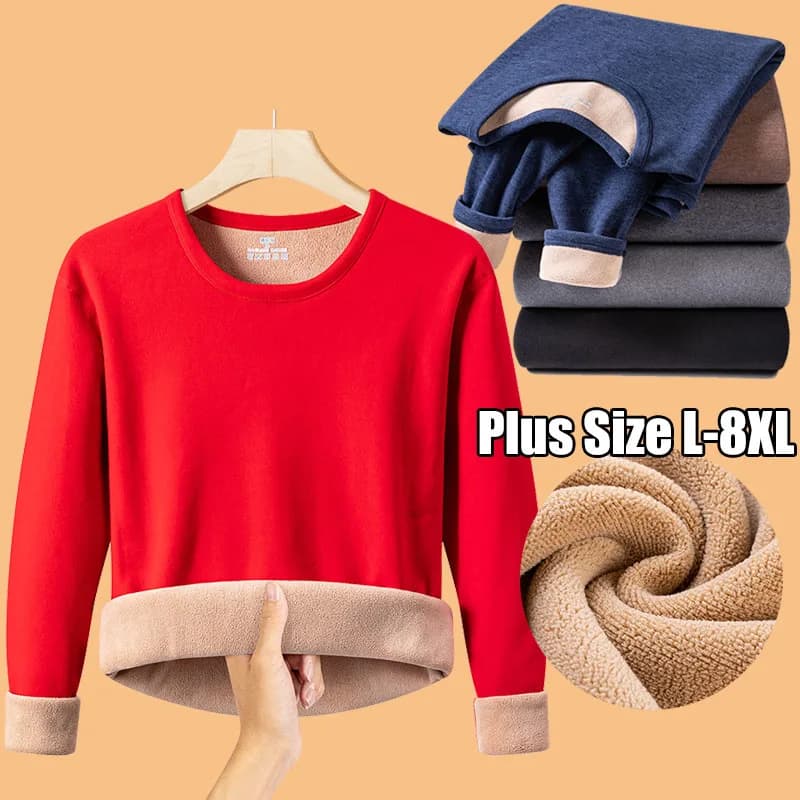 Winter Long sleeved Solid Men's Thicken Plush O-neck Keep Warm Tops Fleece Comfortable Soft Thermal Underwear Clothes Plus Size