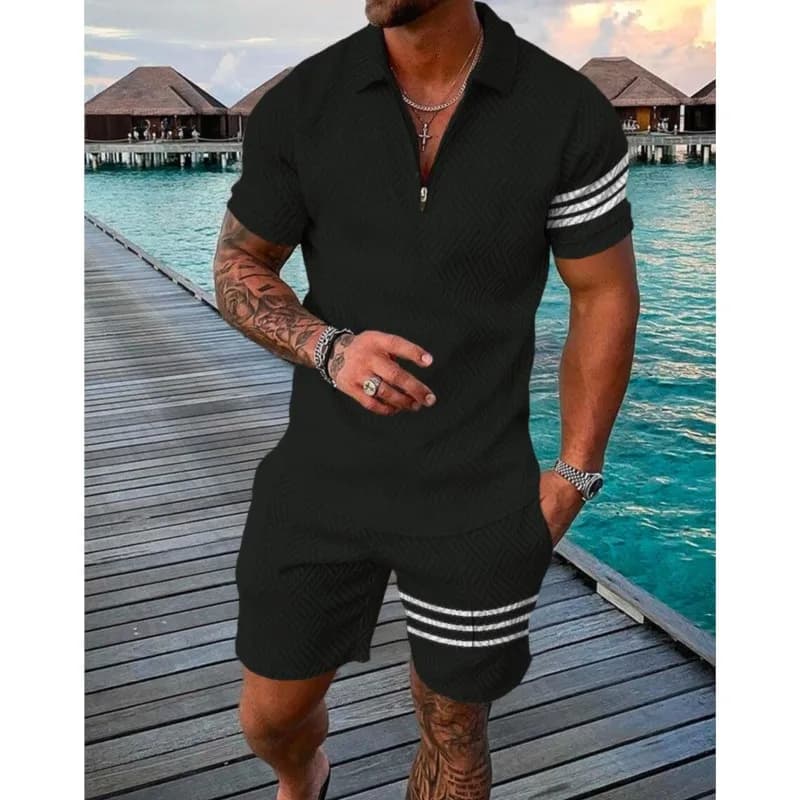 Fashion Mens Street Wear Summer Trendy Checkered Stripe Printed Sportswear Casual Zipper Collar Polo Shirt Shorts 2 Piece Set