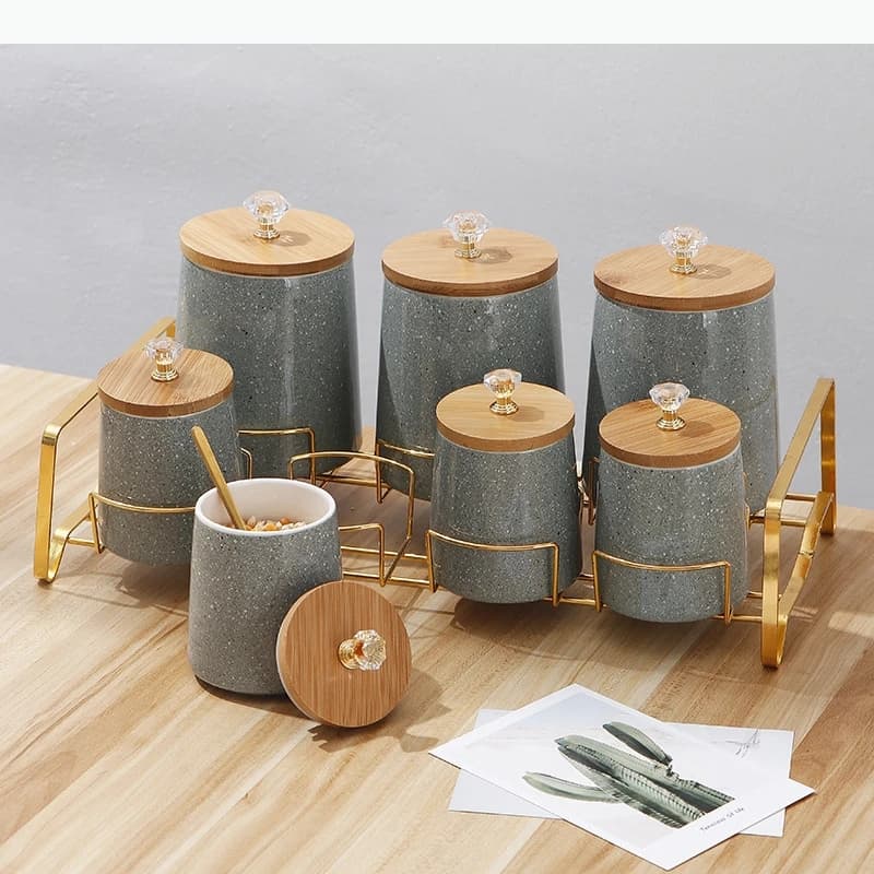 Handle Wooden Ceramic Airtight Jar Kitchenware Food Container Storage Whole Grains Storage Box Home Organizer