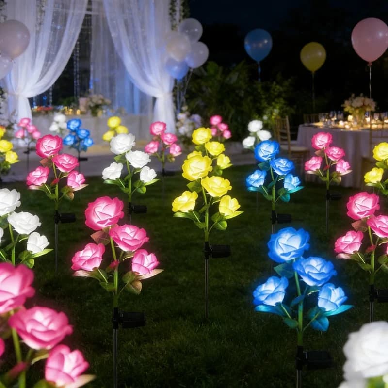 Outdoor LED Solar Lamp for Meadow, Decorative Light 5 Artificial Rose Flowers for Garden, Lighting for Summer and Wedding Party