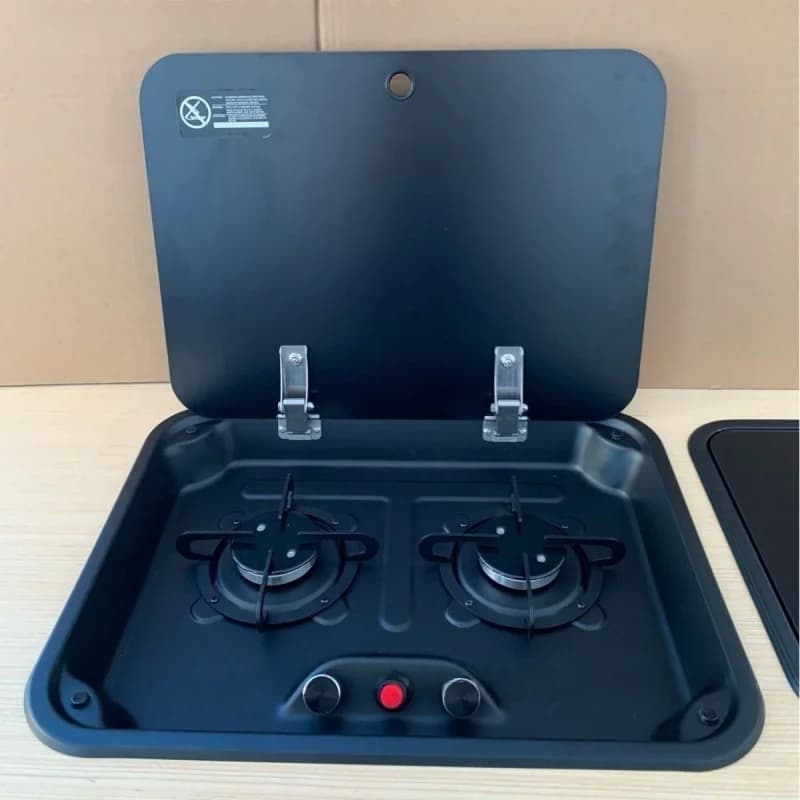 Fornello a Gas a 2 Fuochi RV con Copertura in Vetro Temperato per Campeggio, Camper, Yacht, Fornello a Gas in Acciaio Inox per Cucina Esterna RV