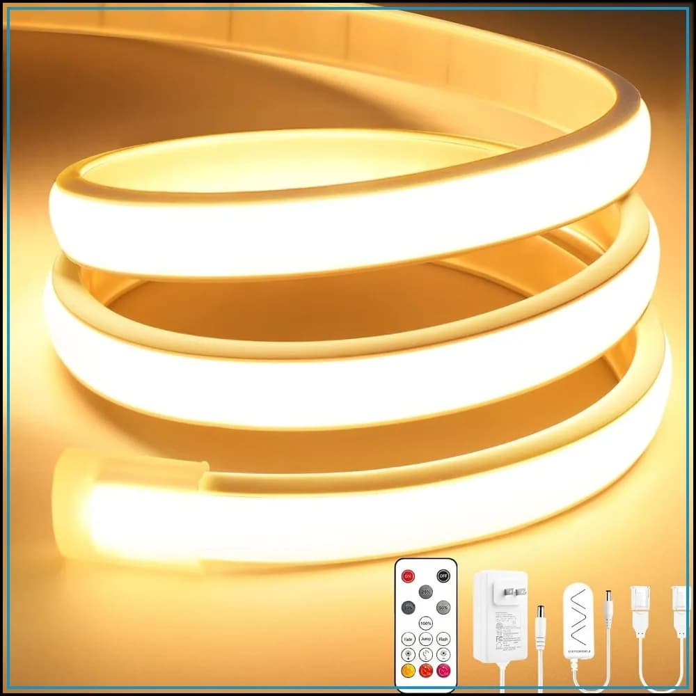 COB LED Strip Lights Pro, 16.4Ft Warm White Dimmable Self-Adhesive Rope Light with Remote, Cuttable Waterproof 3000K Silicone Neon Tape for Bedroom, Indoor, Outdoor