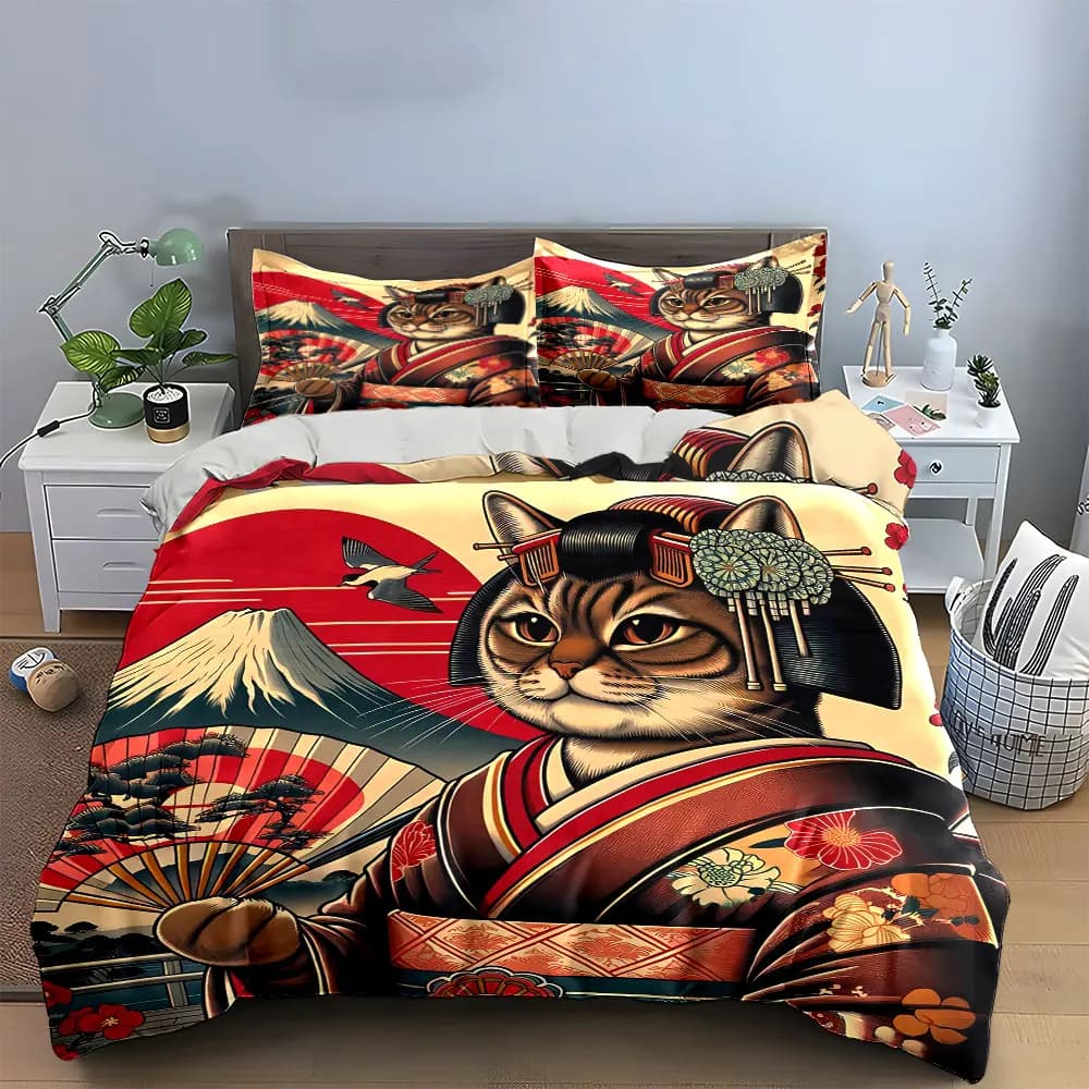 Japanese Style Cat Art Decor Bedding Set with 1 Duvet Cover 2 Pillowcases Single Double King Queen, Gift