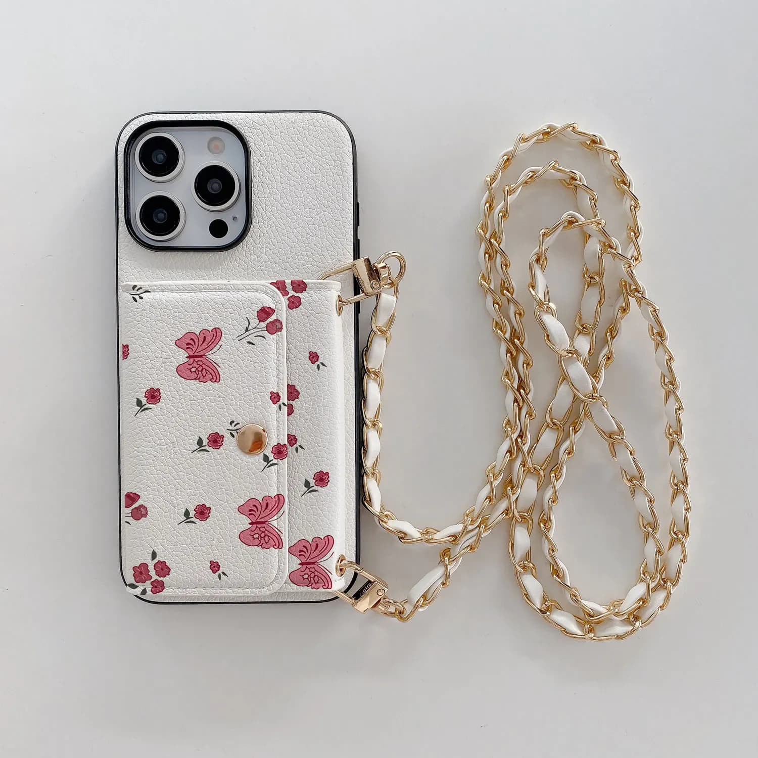 Pink Butterfly Metal Long Chain Multi-function Card Holder PU Leather Phone Case For iPhone 17 16 15 14 13 12 11 Pro Max