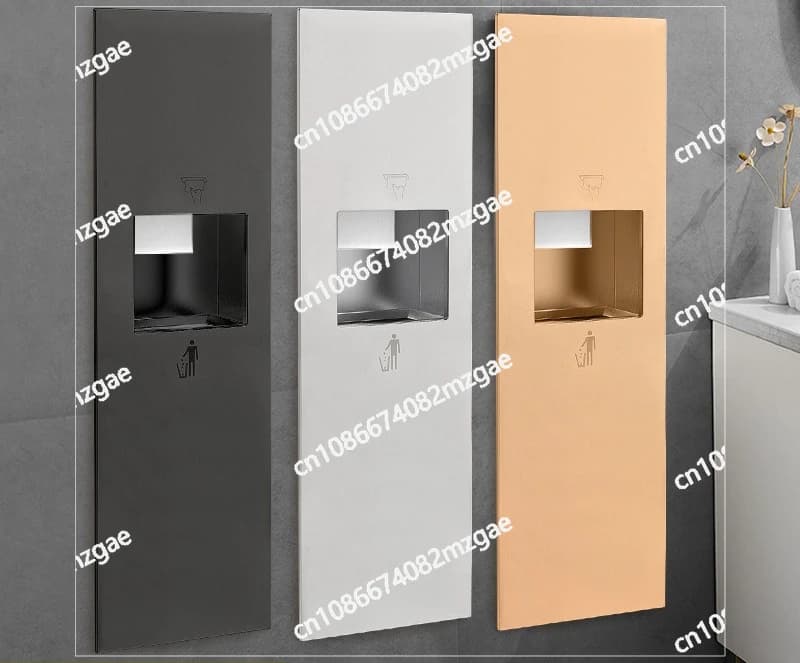 Mobiletto da bagno a incasso in acciaio inox tre-in-uno con dispenser per salviette, cestino e asciugamani elettrico.