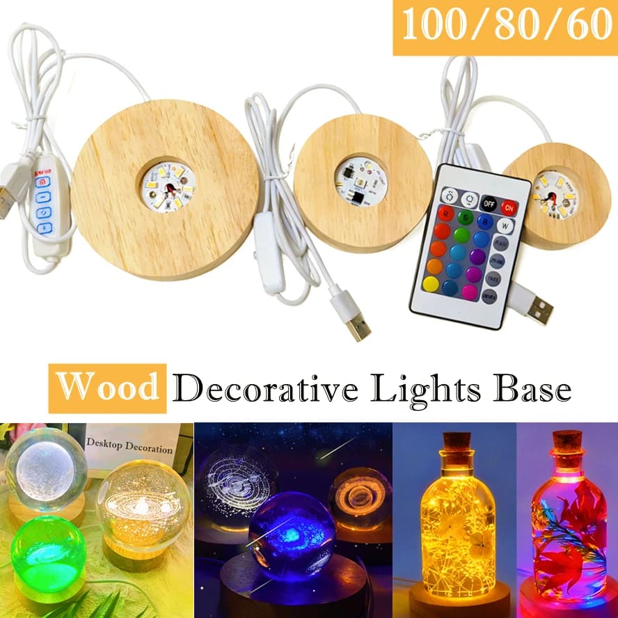 100/80/60mm Switch USB Wood Desktop Decorative Lights Remote Control Light Base Led Night Light Display Light Support Ornament