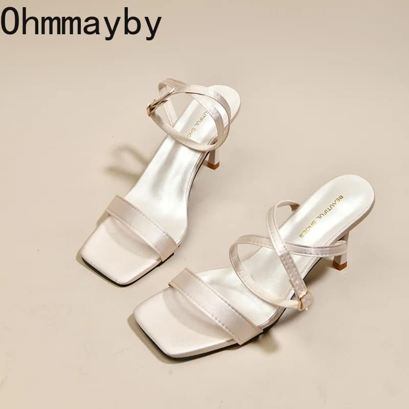 Sandali da Donna con Tacco a Spillo in Raso Stile Street, Eleganti Scarpe con Punta Quadrata e Cinturino alla Caviglia per Ufficio, Feste e Matrimoni