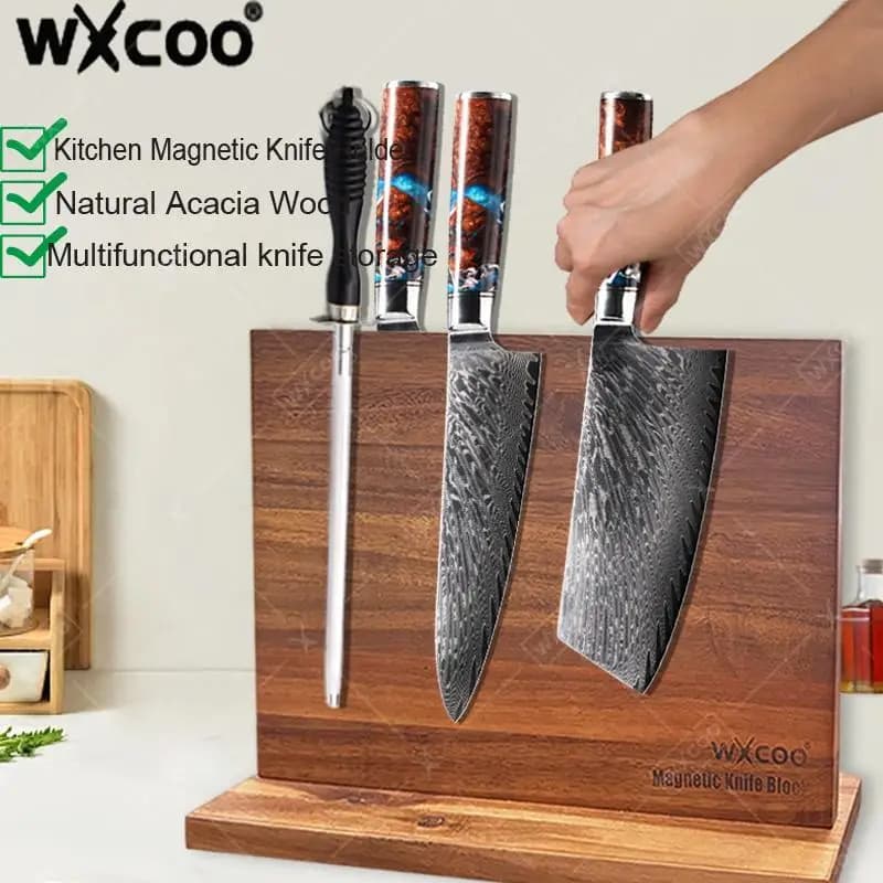 Multifunctional magnetic knife holders Kitchen knive block Acacia wood preservation with robust magnetic supports for improved home