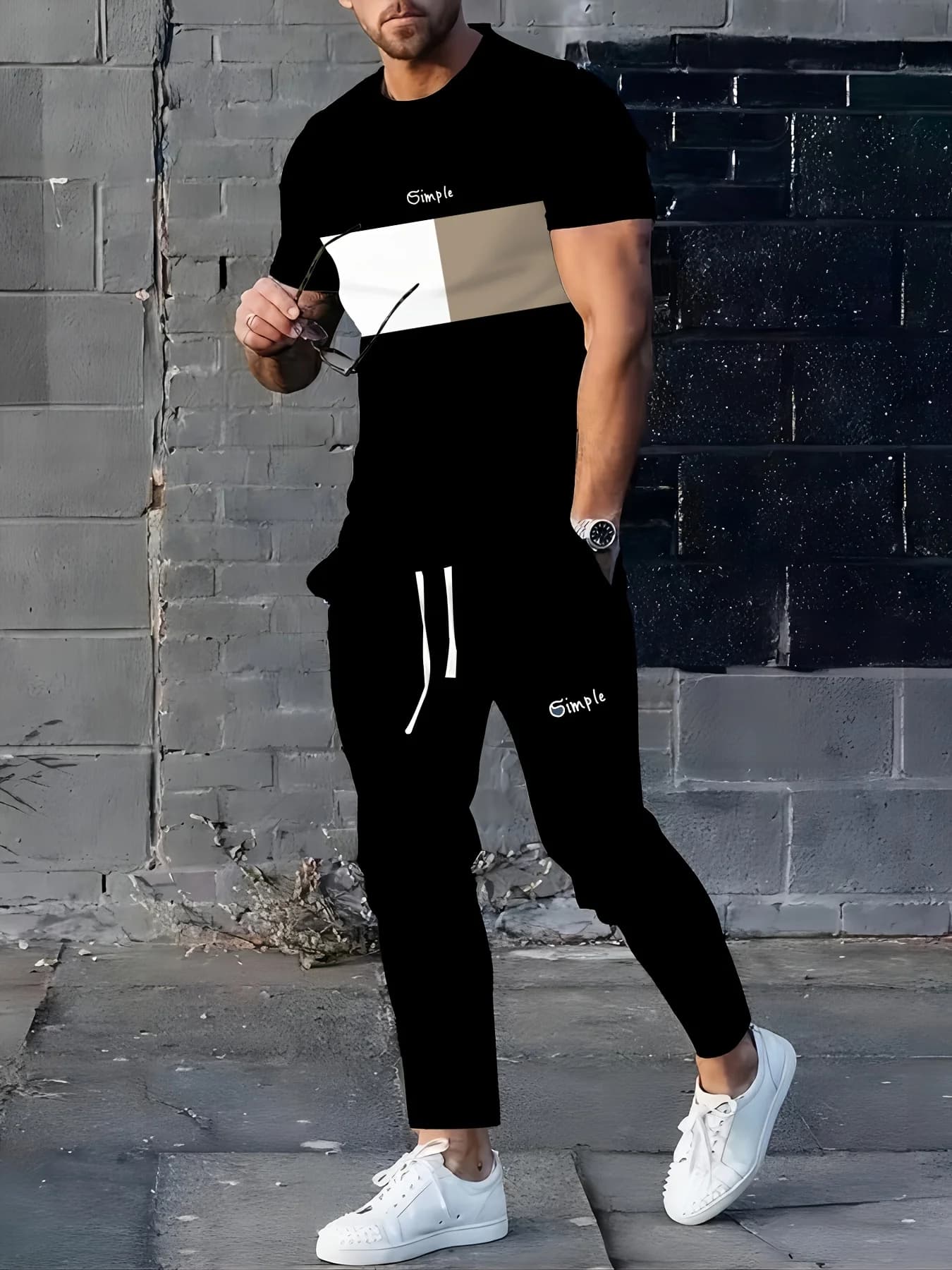 T-shirt da uomo estiva con stampa a righe micro elastica traspirante girocollo pantaloni set abbigliamento urbano casual da esterno