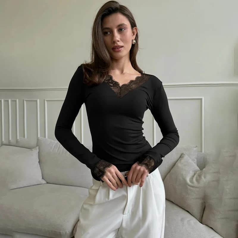 Tornova V neck Lace T shirt Top Women Sexy Navel Exposed Pullover Fashion Splice Hot Girl Club Party Top Autumn New Lady T shirt