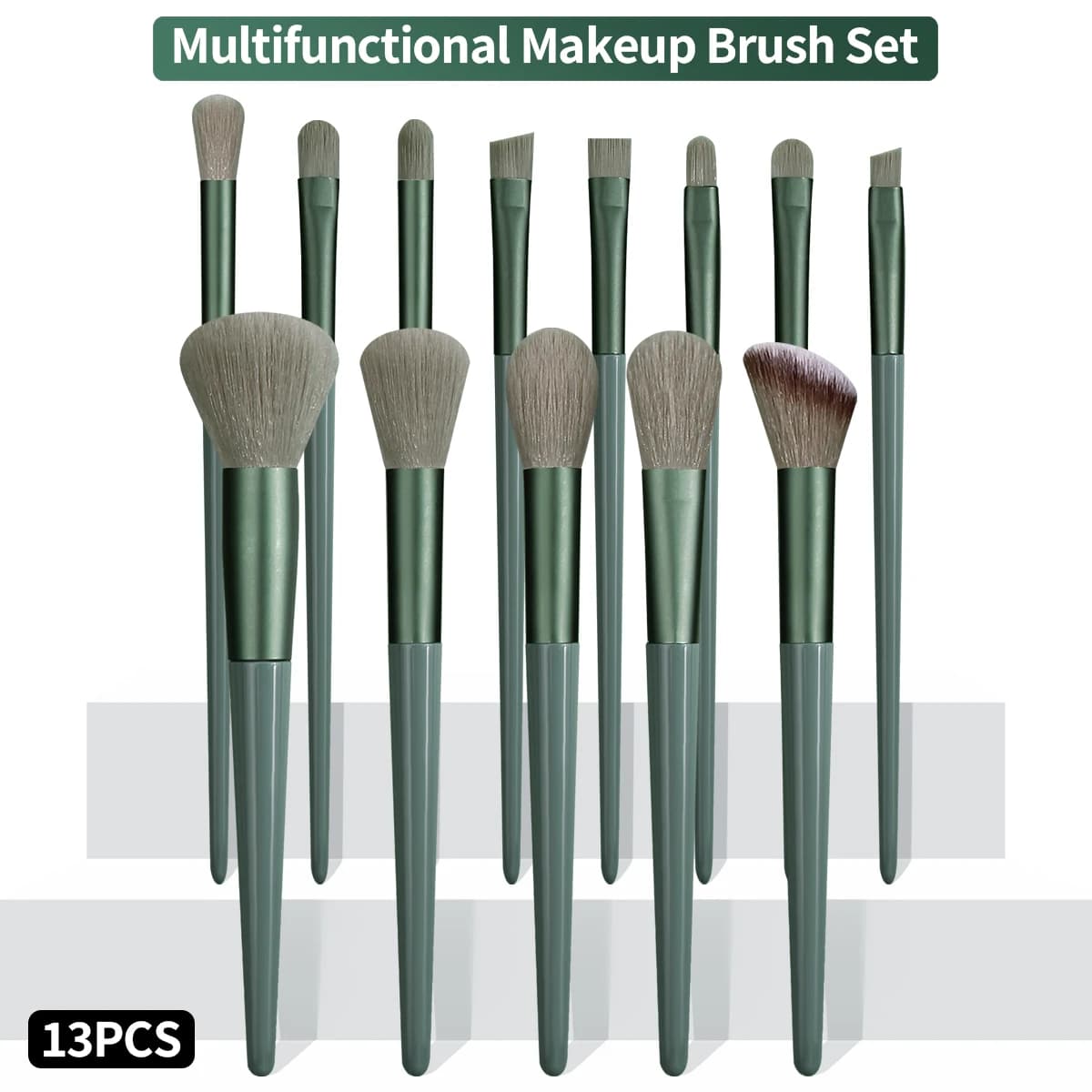 Set of 13 Green Makeup Brushes, for Fondotinta, Ombretto, Correttore and Blush, Complete Kit of Cosmetic Tools for Beginners and Daily Use