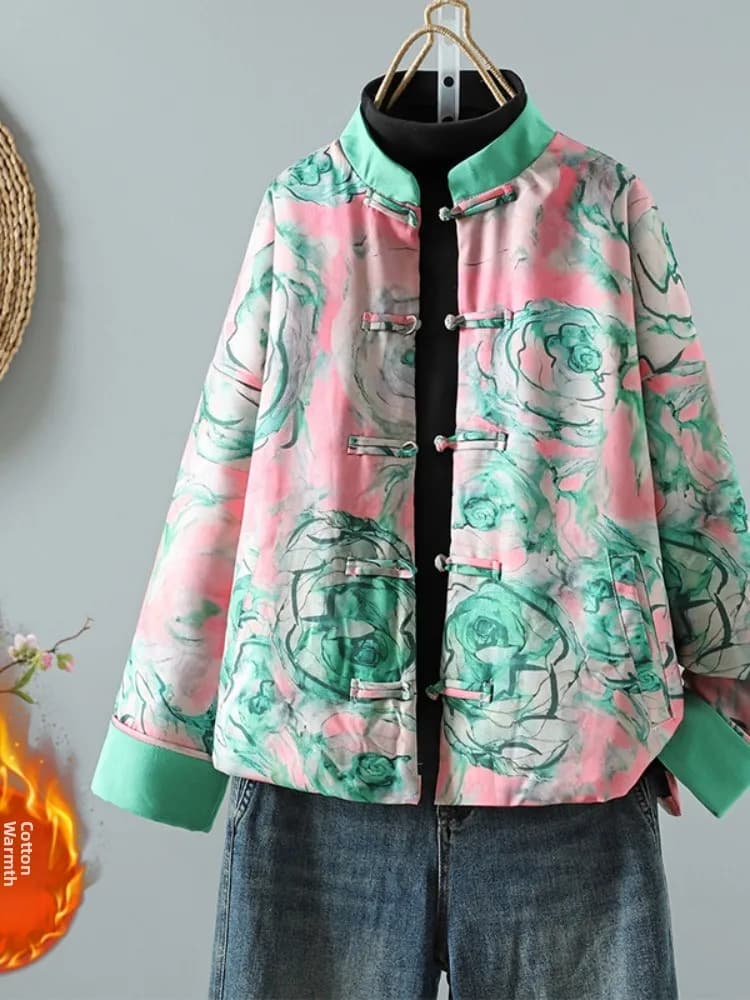 New Chinese Style Handmade Silk Printed Cotton Jacket Women's Winter High-End Feel Cotton Padded Tang Costume Coat