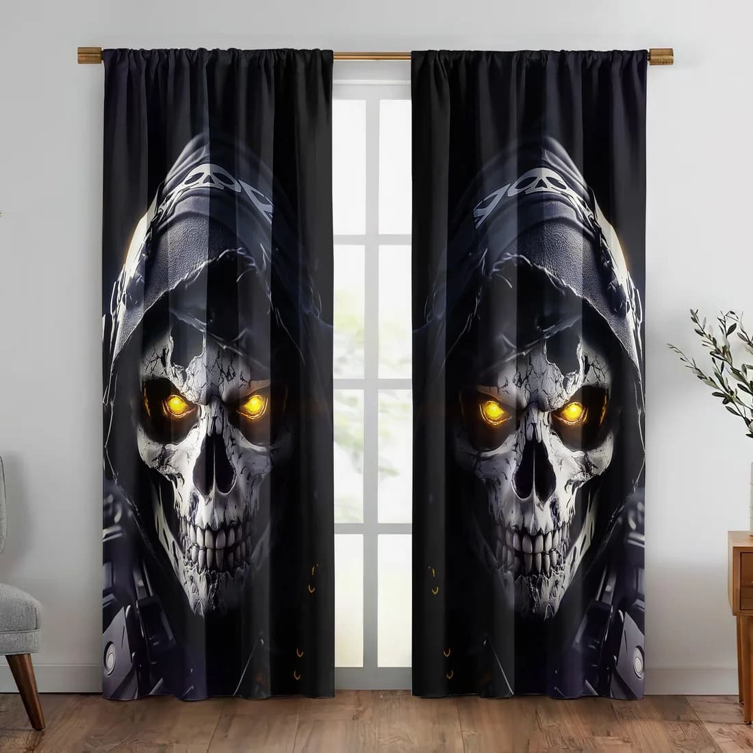 2 Panels Skull Printed Curtains Grim Reaper Hooded Skeleton Blackout Drapes for Living Room Bedroom Halloween Home Decor