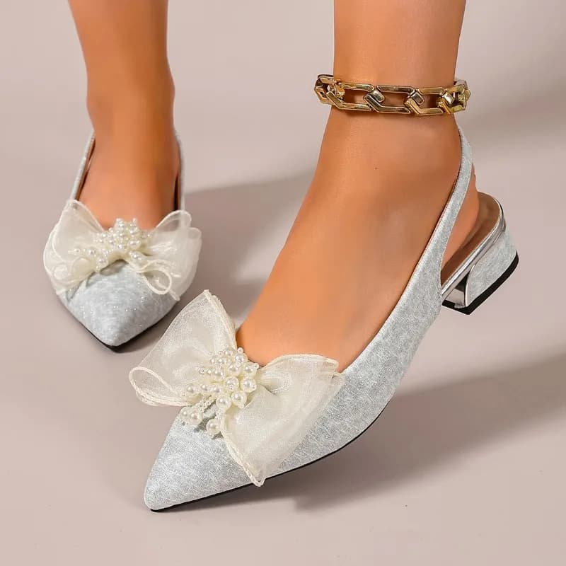Summer Fashion Party Dress Slingback Shoes Pearl Bowknot Women Pumps Sexy Pointed Toe White/Gray High Heels Transparent Sandals