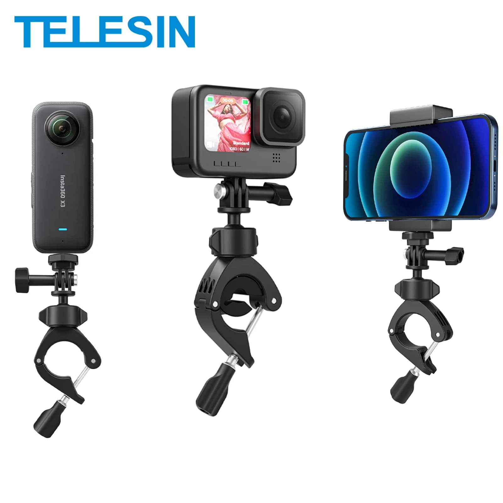 Clip per moto da ciclismo TELESIN 360 ° Staffa con foro da 1/4" Super Clamp per GoPro DJI OSMO Action Insta360 Accessori per action camera