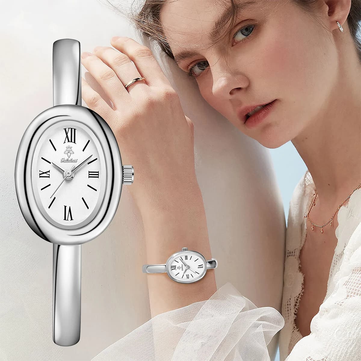 YaLaLuSi Oval Roman Numeral Women Watch Silver Bangle Bracelet Wristwatch Vintage Minimal Ladies Quartz Waterproof Dress Watch Jewelry Gift