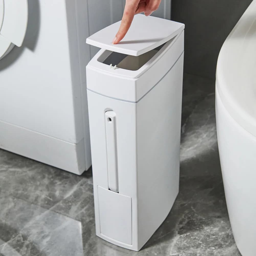 Cestino per Rifiuti Sottile con Spazzola per la Pulizia e Coperchio, Contenitore per Spazzatura in Plastica per Bagno e Spazi Stretti