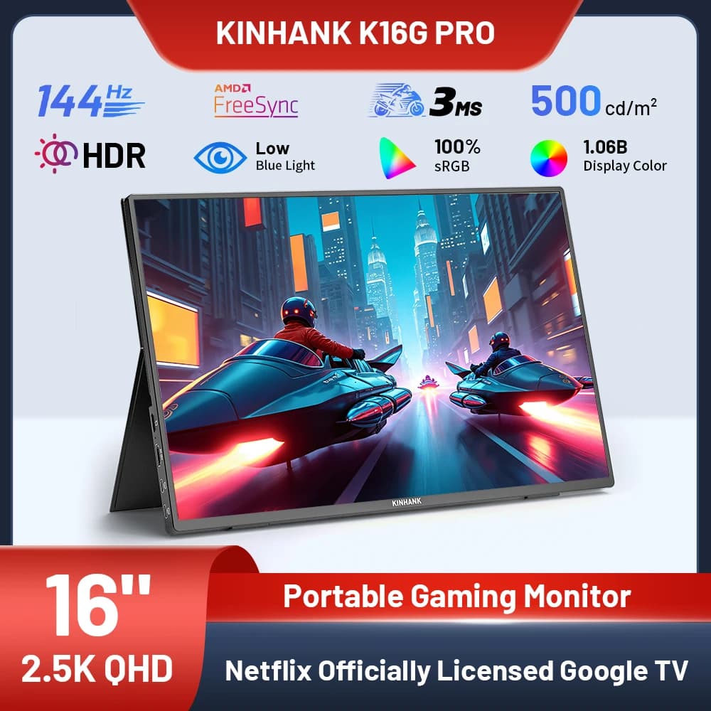 KINHANK Monitor portatile intelligente da 16 pollici con sistema operativo Android 12.0 HDR10 da 2,5 K 144 Hz Supporta l'+ 7000 APP Monitor da gioco proiettabile
