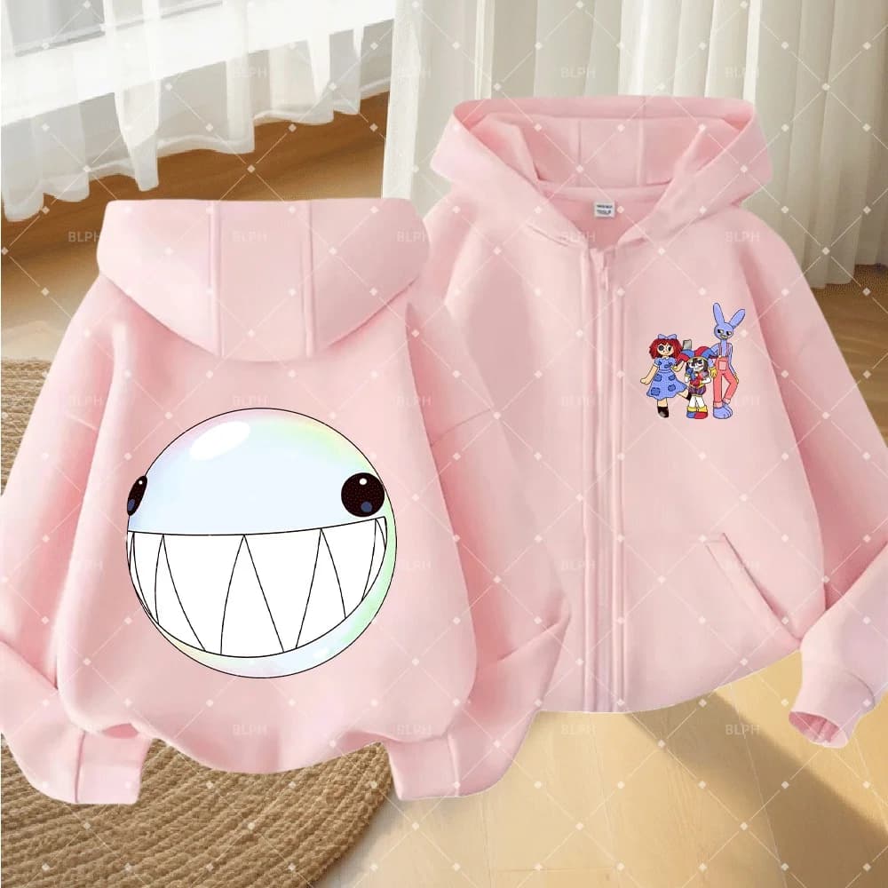 Cute Digital Circus-Inspired Kids' Zip-Up Hoodie with Funny Bubble Face Design