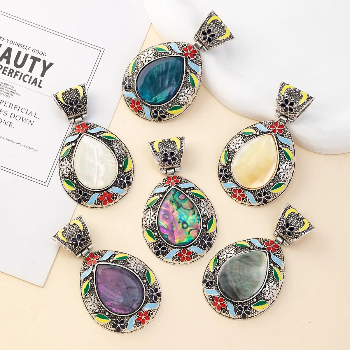 1 pz 45x75mm Conchiglia Naturale Conchiglia di Abalone Goccia D'acqua Ciondolo Vintage Cloisonne Pendenti e Ciondoli per la Produzione di Gioielli Collana FAI DA TE Accessori