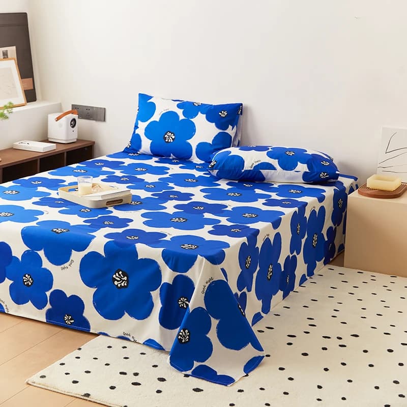 Set di biancheria da letto in puro cotone in stile nordico, pezzo singolo, per dormitorio studentesco, con copripiumino e federa con motivo floreale blu