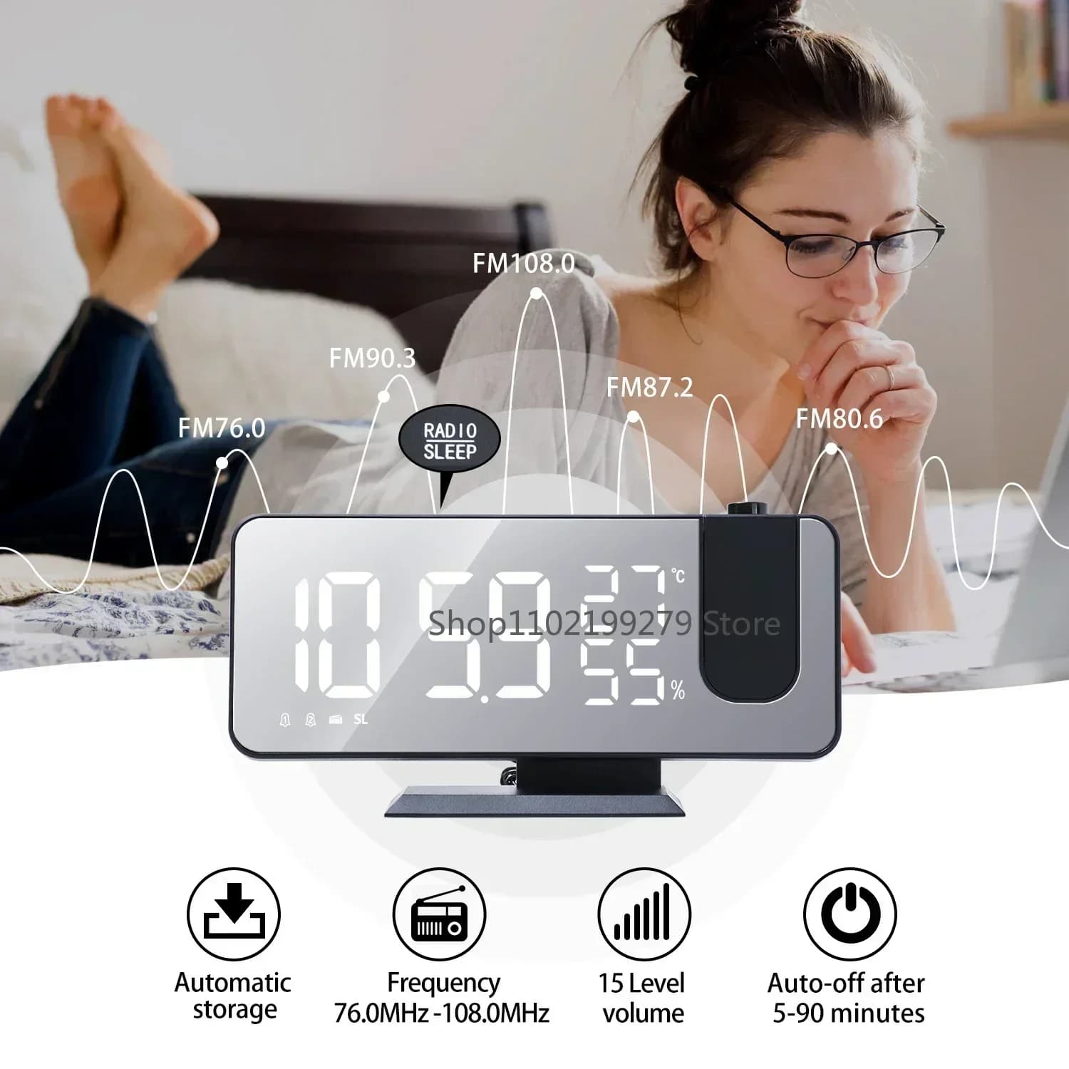 Radio LED Digital Smart Alarm Clock Watch Table Electronic Desktop Clocks USB Wake Up Clock with 180° Time Projector Snooze