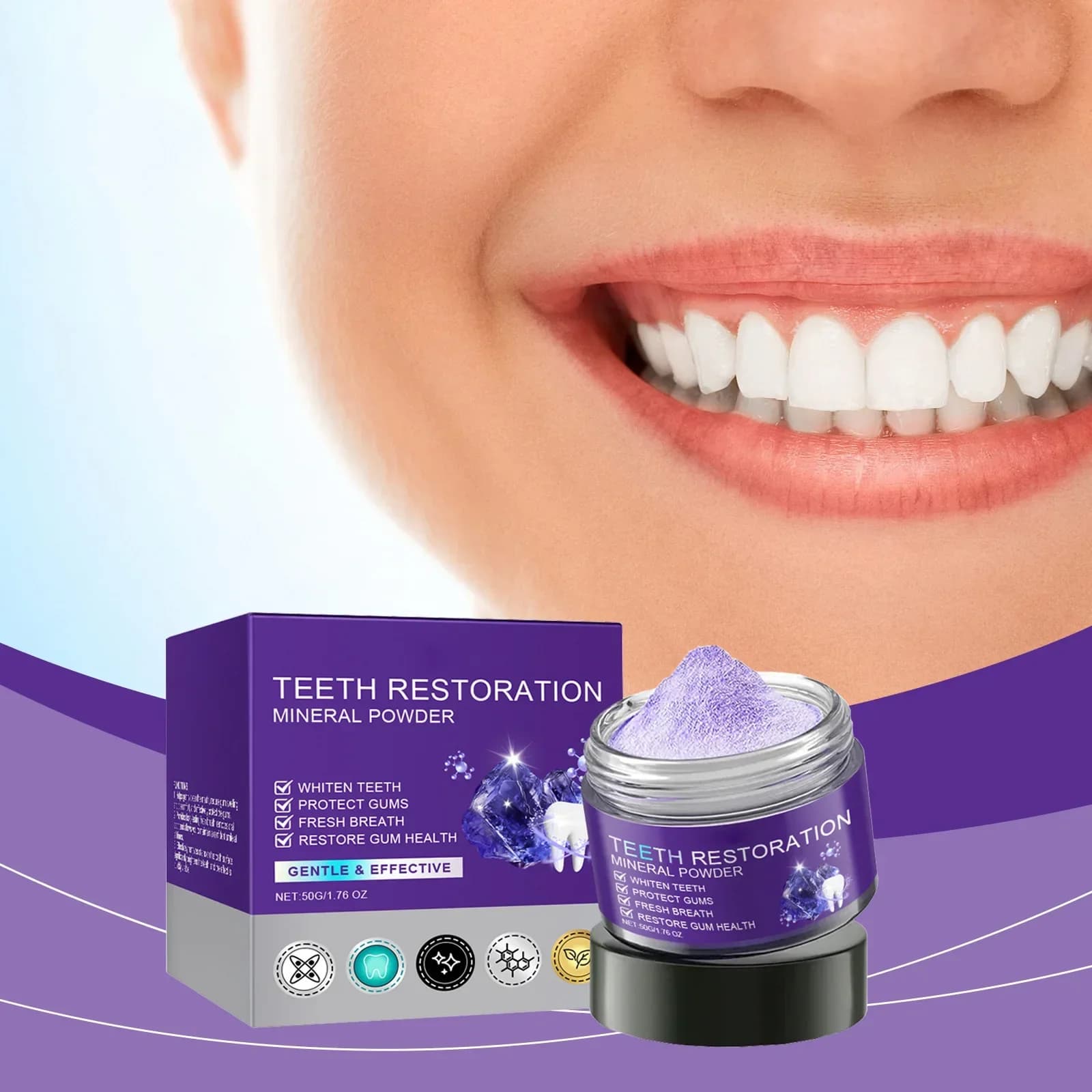 Polvere Dentifricia Viola Detergente Delicato per l'Igiene Orale Quotidiana - Rinfresca l'Alito, Pulisce i Denti e Rinfresca, Igiene Orale Delicata ed Efficace
