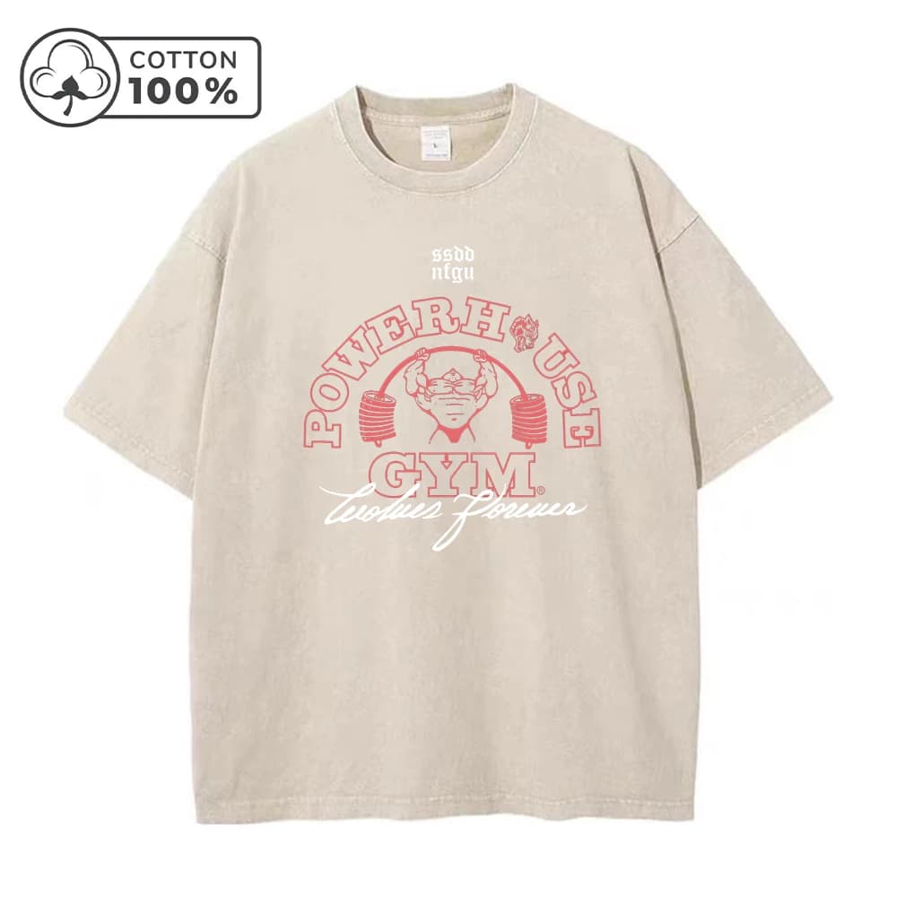 Men's Dumbbell Printed Washed T-Shirt Casual Pure Cotton Street Style Short Sleeve Summer Loose Breathable Sports Top