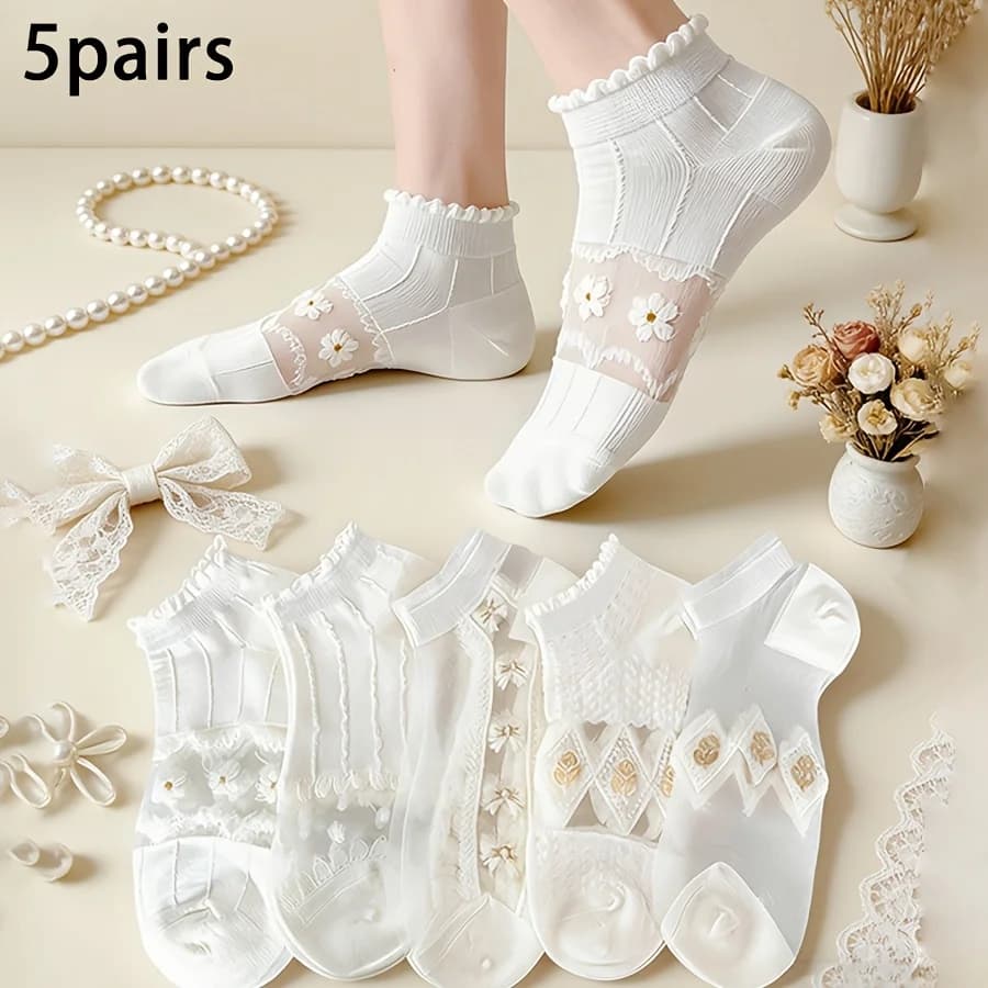 5 pairs of cute lace daisy socks, glass socks, women's socks, mesh breathable, fresh and cool, daily commuting style, suitable for spring and summer wear, soft and high elastic, sweat-absorbing and breathable women's socks