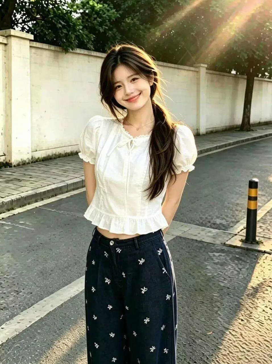 Camicia a maniche a sbuffo con volant da donna, modello corto, con finiture in pizzo, cintura, effetto snellente, versione coreana, stile casual, top girocollo