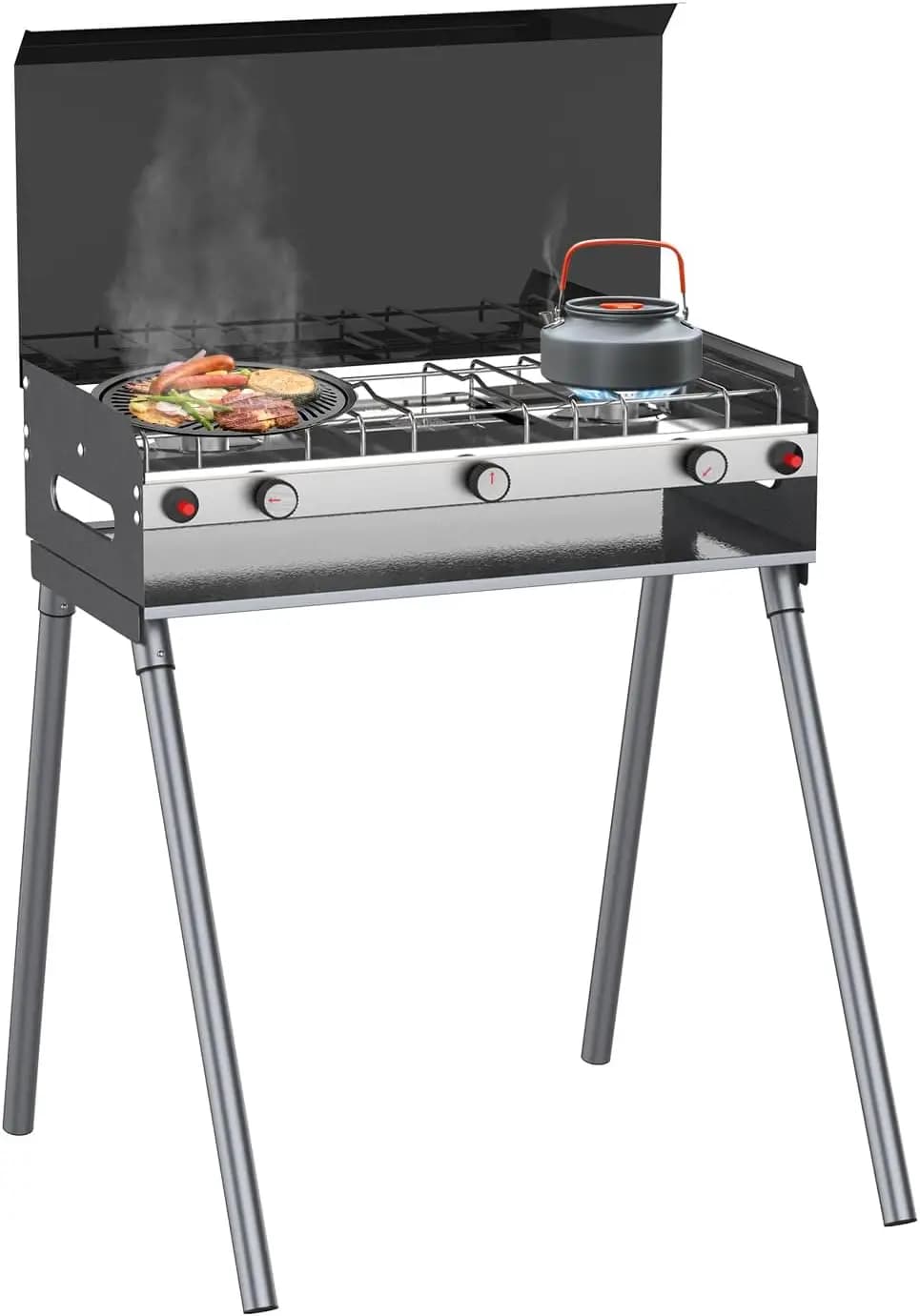 Portable Outdoor Propane Camping Stove with 2 Burners and 1 Grill, 15,000 BTU, Auto-Ignition, Free Standing Legs, Regulator Incl