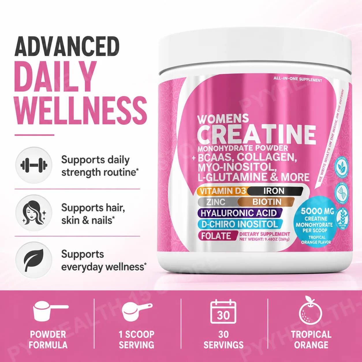 Women Creatine Monohydrate Powder 5000mg with BCAA Collagen Myo Inositol Biotin Hyaluronic Acid D3 Daily Support 30 Servings
