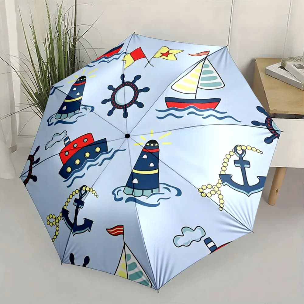 1PC Colorful Nautical-Themed Umbrella with Boats and Anchors Print 8 Iron Ribs Folding Umbrella Auto-Open Fashion Sunshade