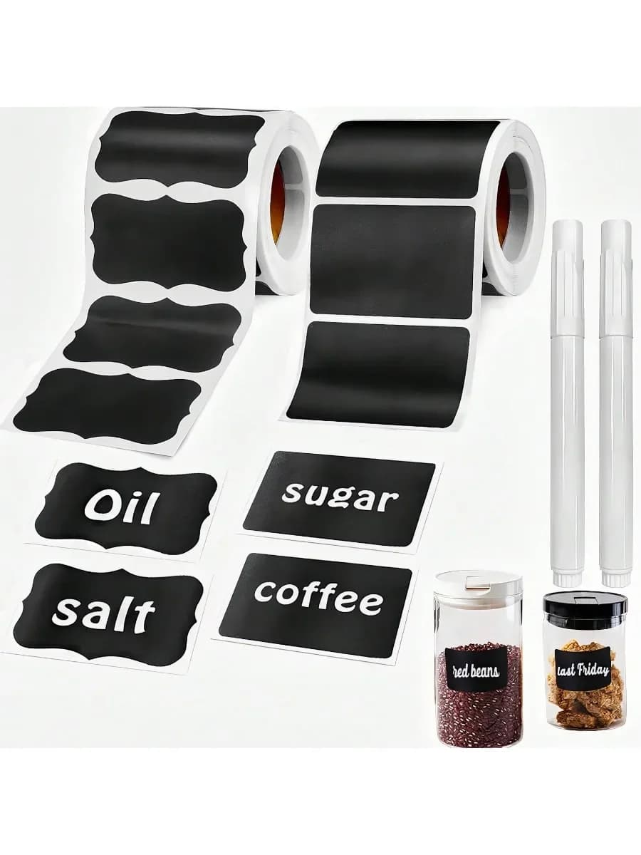 Black waterproof adhesive labels with white chalk for glass jars, craft room, storage spaces, glass bottles, organization